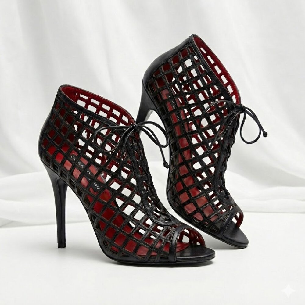 Charles Jourdan Black And Red Mesh Leather Open Toe Lace Up Heels Sandals